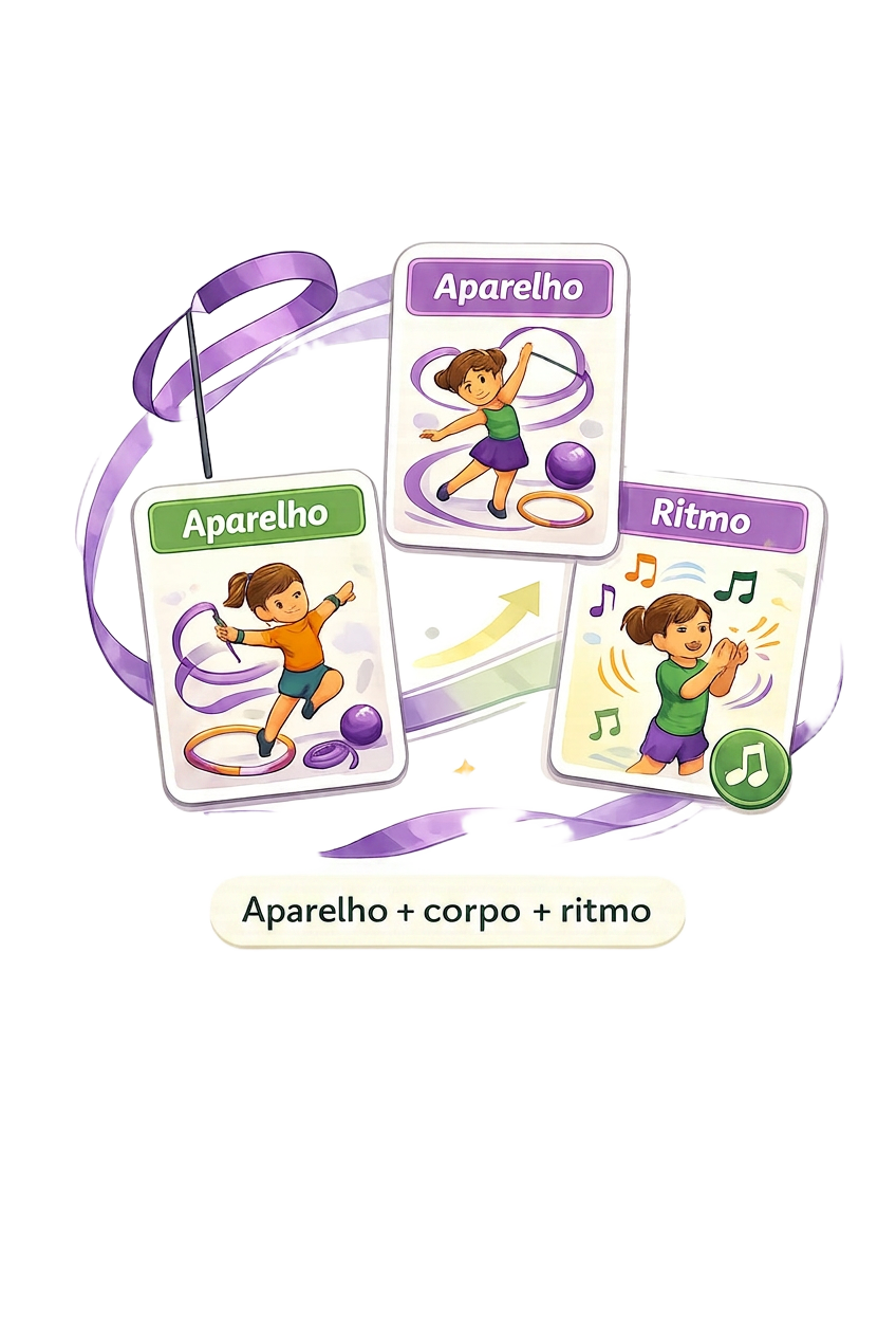 Cards ilustrando a união entre aparelho, corpo e ritmo na ginástica rítmica infantil