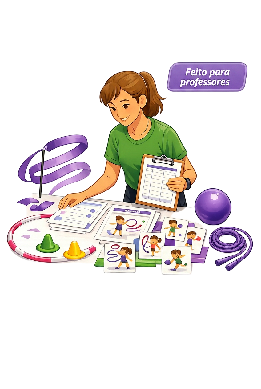 Professora apresentando o Kit Ginástica Rítmica Infantil na Prática com fita, arco, bola, corda, cards e planejamento